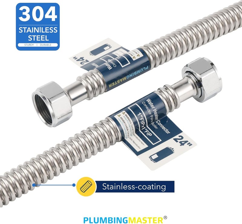PLUMBINGMASTER Stainless Steel Corrugated Water Heater Connector, 24-Inch,1/4 OD 1” FIP* 1” FIP hot and Cold Corrugated Water Flexible Hose, Leak-Proof, 10-Year Warranty, 2-Pack - Image 3